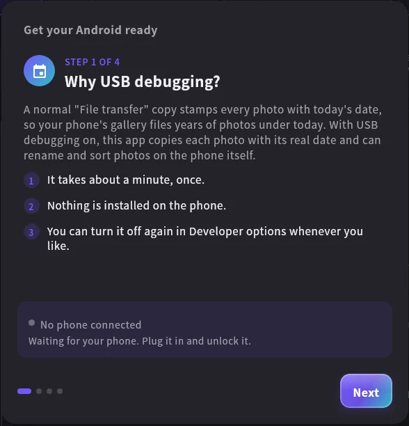 Step 1 of 4 in the app's Get your Android ready guide: why the app needs USB debugging