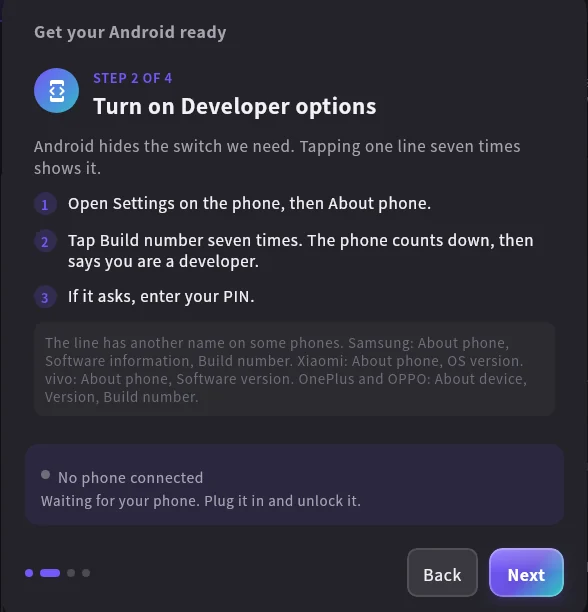 Step 2 of 4 in the app's Get your Android ready guide: turn on Developer options by tapping Build number seven times