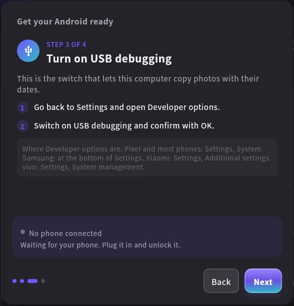 Step 3 of 4: turn on USB debugging in Developer options