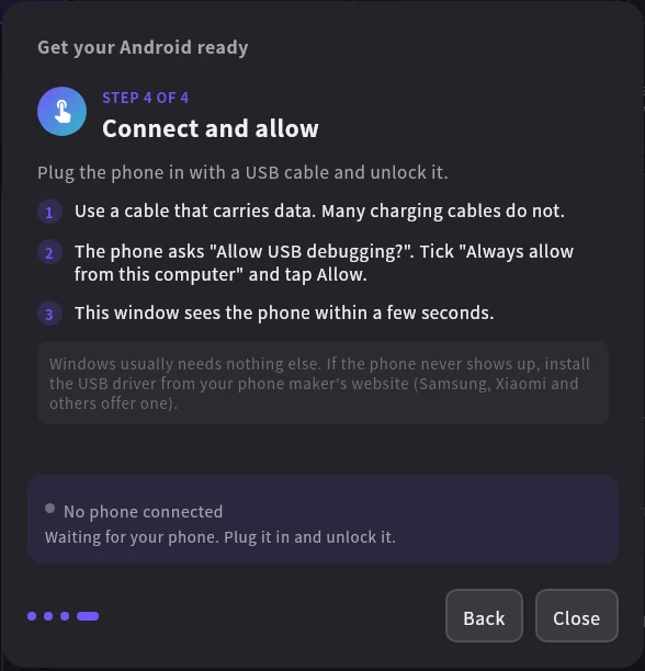 Step 4 of 4: connect the phone, tap Allow on the Allow USB debugging prompt; the guide shows live whether the phone is connected