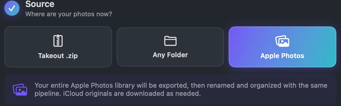 L'origine Apple Photos su Mac, che esporta tutta la libreria di Apple Foto e scarica gli originali di iCloud quando servono