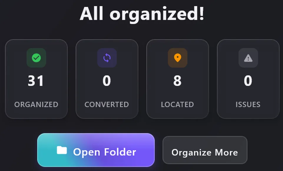 The finished screen: All organized, with 31 organized, 0 converted, 8 located and 0 issues, and an Open Folder button