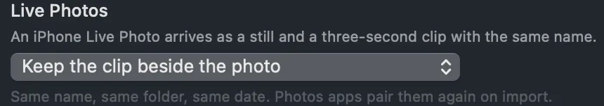 The Live Photos menu set to Keep the clip beside the photo