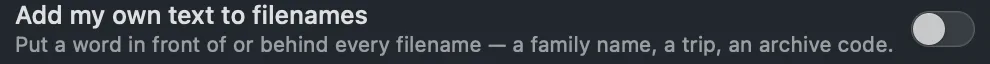 The Add my own text to filenames switch