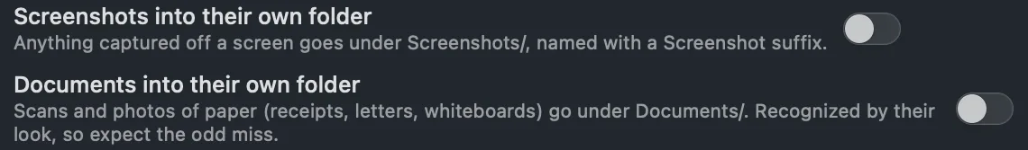 The switches for Screenshots into their own folder and Documents into their own folder