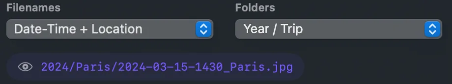 Year / Trip selected, with a preview path of 2024/Paris/2024-03-15-1430_Paris.jpg