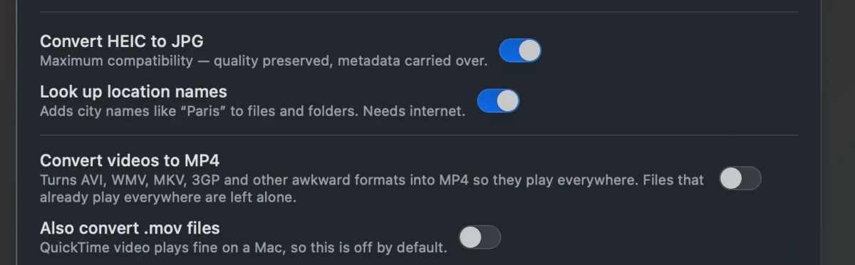 Switches for converting HEIC to JPG, looking up place names, and converting videos to MP4.