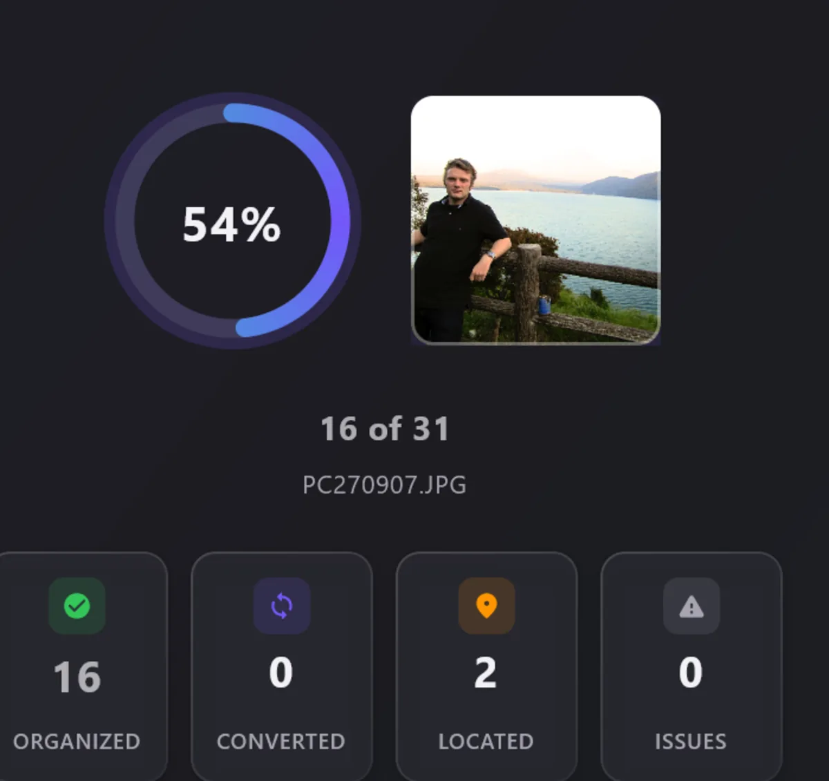 A progress ring at 54 percent, the photo being worked on, and counters for organized, converted and located.