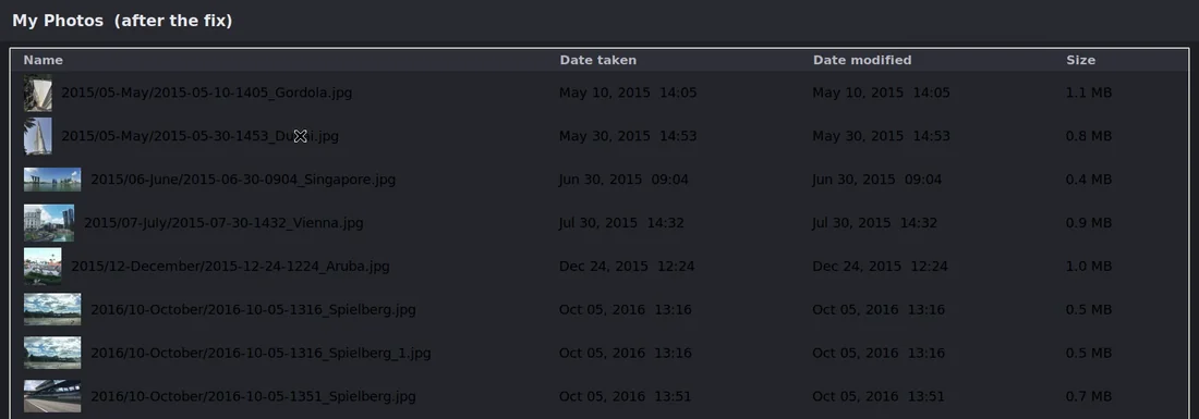 The fixed photos afterwards: renamed by date and place, sorted into year and month folders, with Date taken and Date modified both showing the real date