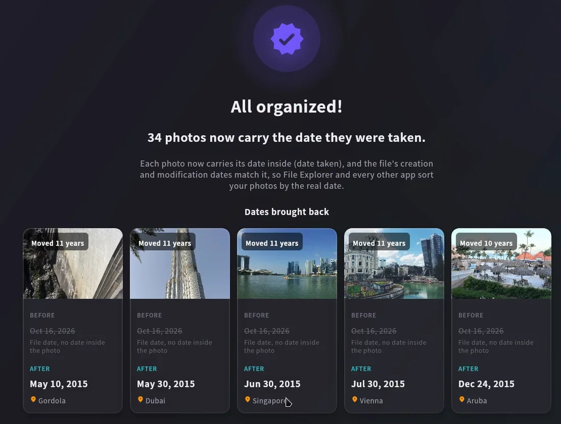 The app's result after a Takeout run: 34 photos now carry the date they were taken, with before and after cards such as Oct 16, 2026 to May 10, 2015 in Gordola