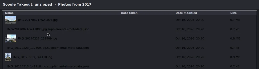 An unzipped Google Takeout folder: each photo has a .json file beside it, the Date taken column is empty and every file shows the day it was unzipped
